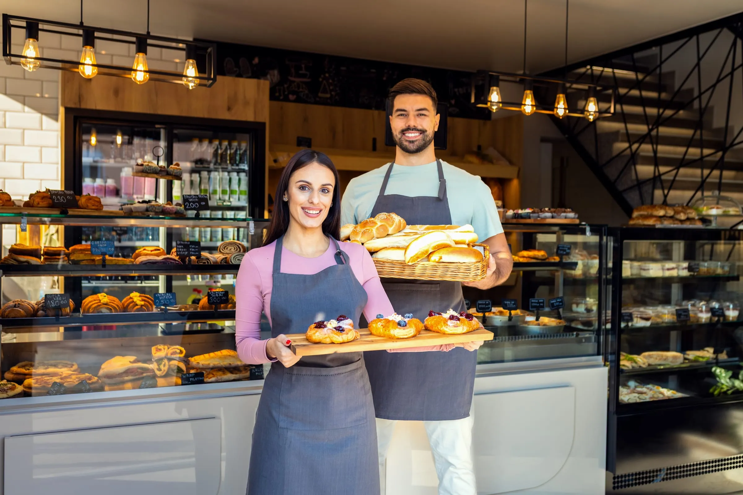 Twee bakkers met vers brood in hun bakkerij